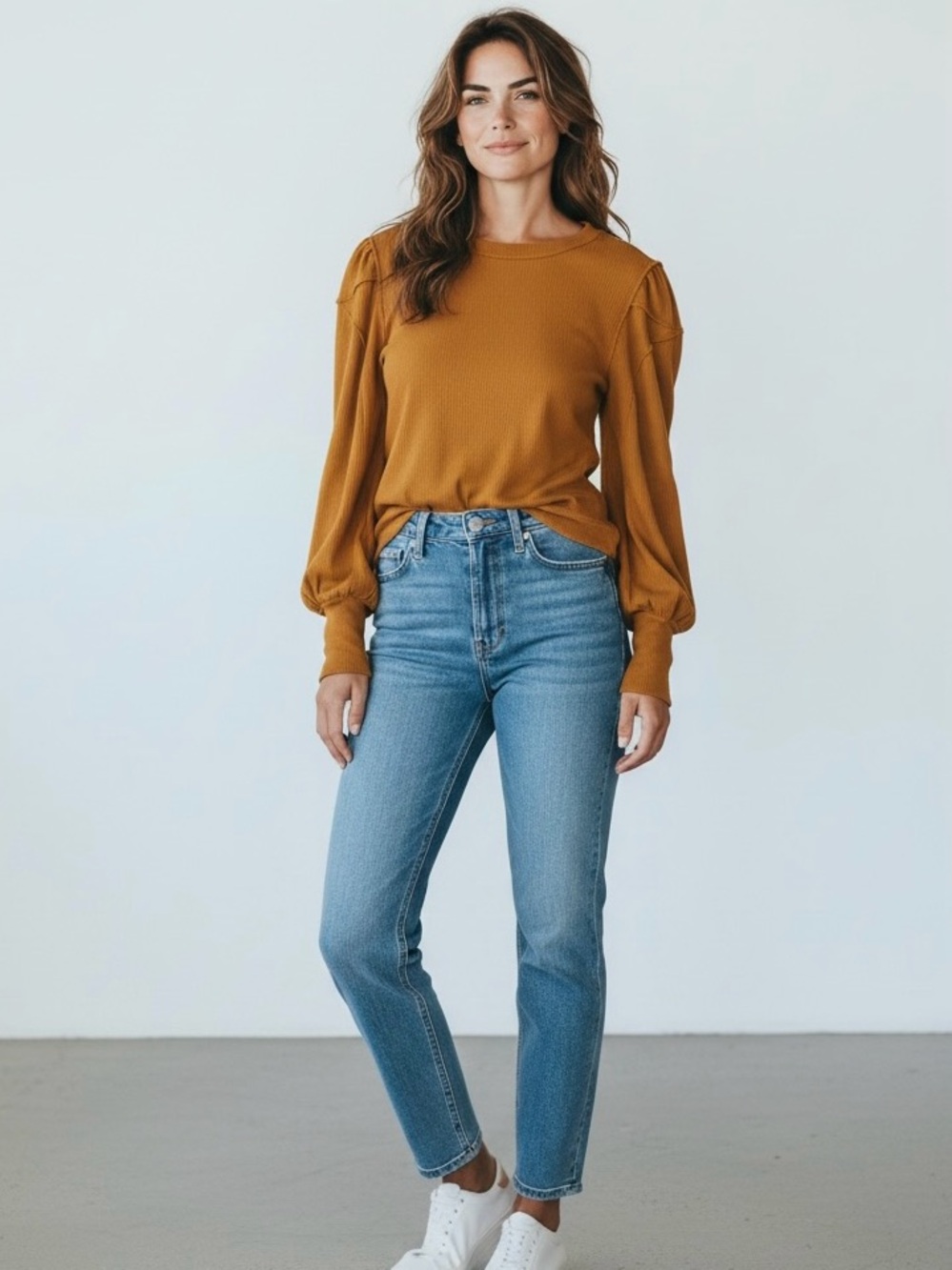 We The Free Shirt Womens L Yellow Balloon Sleeve Crew Neck Stretch Top Ribbed
